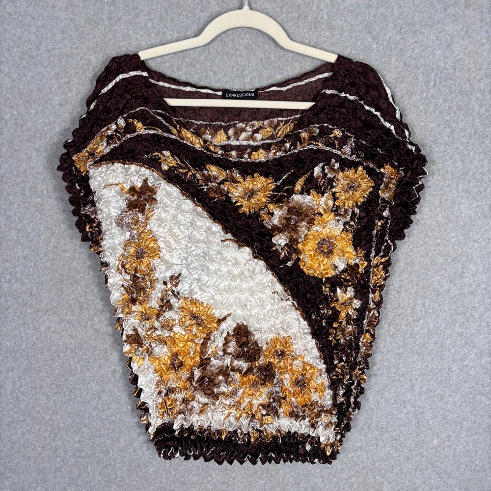Vintage 90s Y2K Popcorn Satin Top One Size Brown Yellow Floral Crinkle Texture